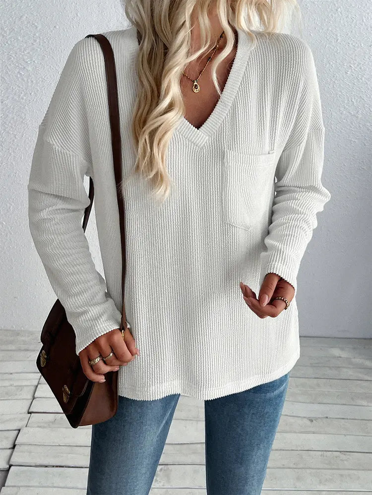 Pull femme confortable, col V, manches longues, coupe ample, style casual et raffiné, plusieurs coloris tendance