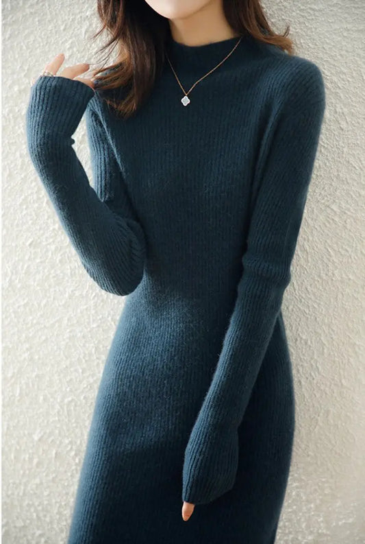Robe longue cachemire bleu émeraude avec col cheminée