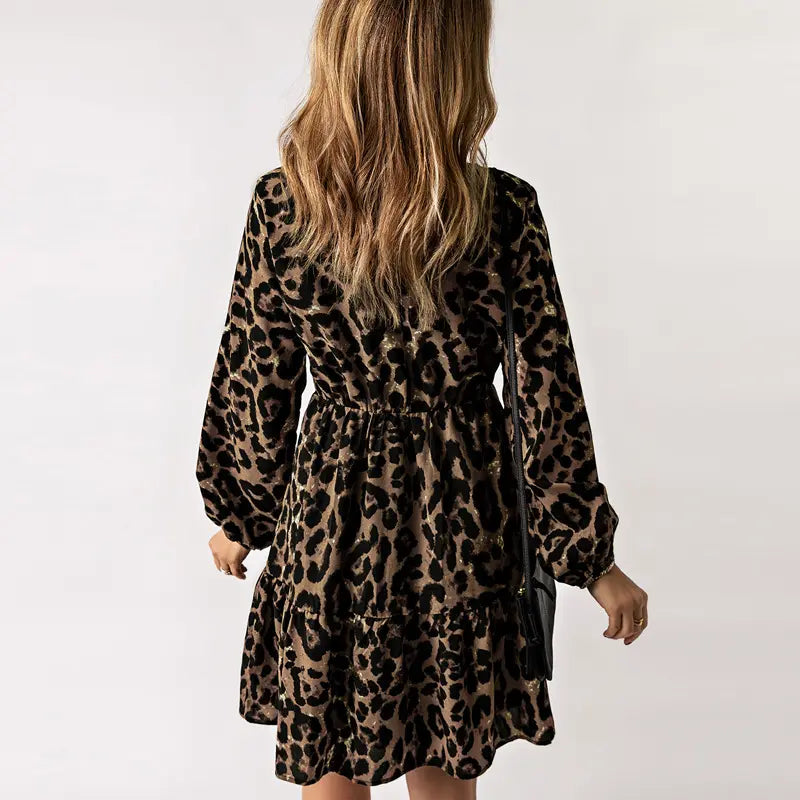 Robe longue imprimé léopard élégante avec col V et style décontracté