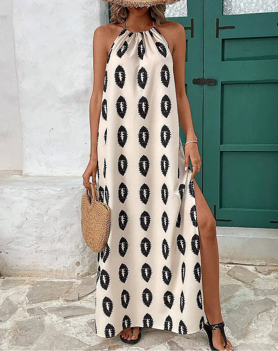 Robe longue bohème d’été imprimé vert, sans manches avec dos ouvert et liens à nouer au cou.