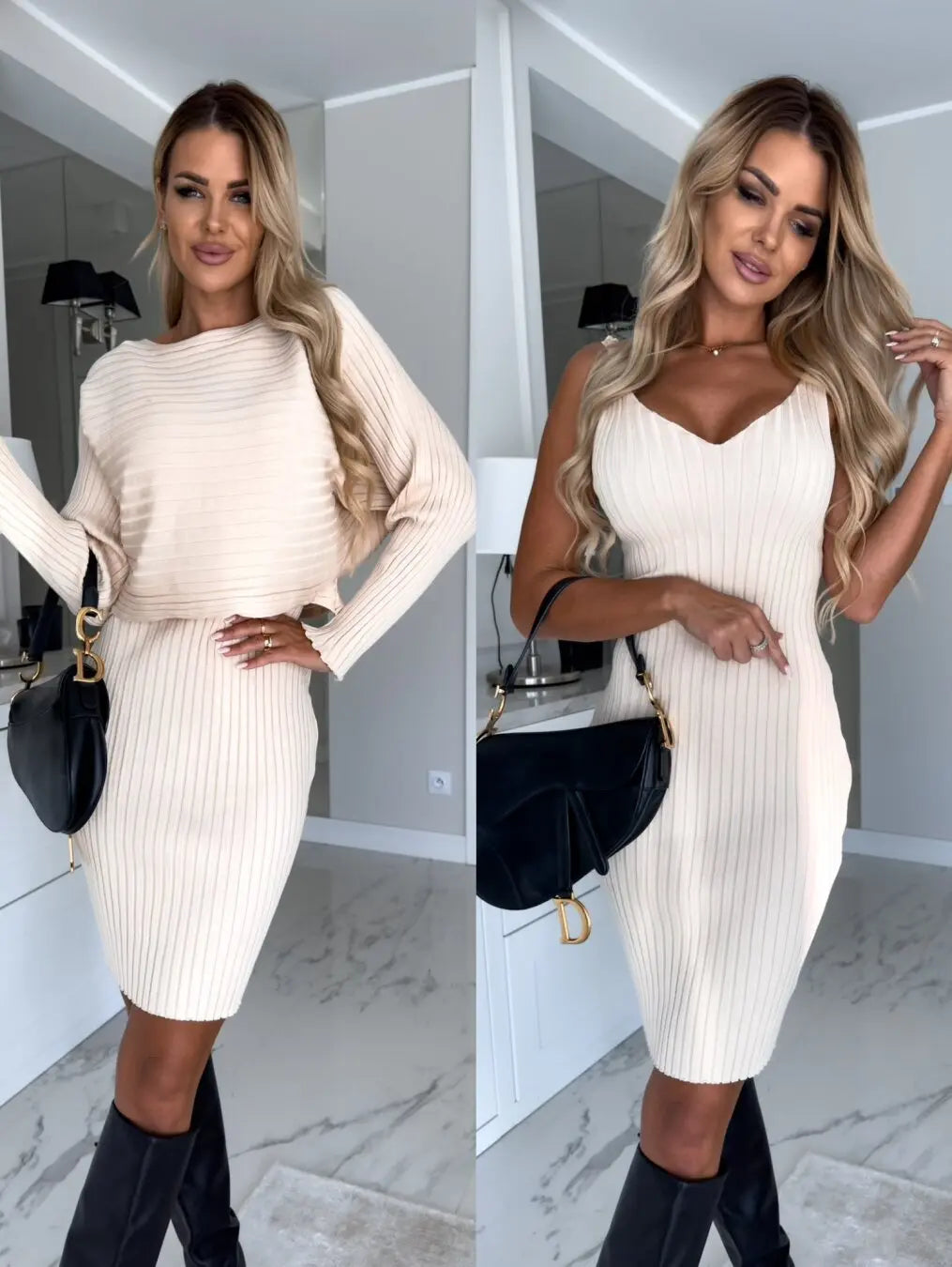 Robe blanche élégante en maille côtelée au-dessus du genou