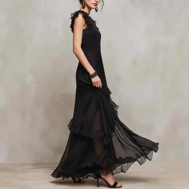 Robe Longue Asymétrique Voile Tulle Uni Manches Bouffantes - Noir | XS au XXL