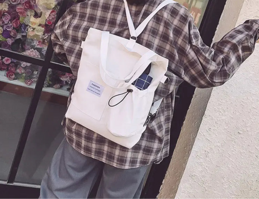 Sac à dos femme en toile couleur blanc, convertible en tote bag