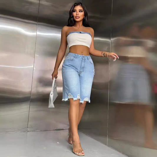 bermuda denim bleu coupe droite tendance femme SecretBombe