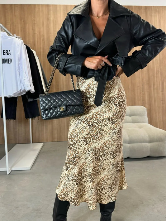 Jupe midi imprimé léopard marron style commuter – SecretBombe