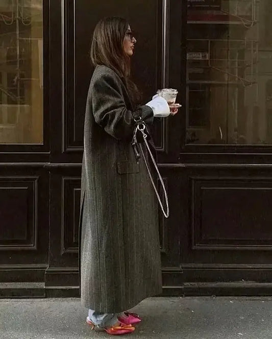 Manteau long noir femme SecretBombe look urbain à rayures