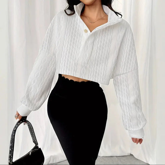 Pull crop blanc col montant boutonné doré élégant SecretBombe