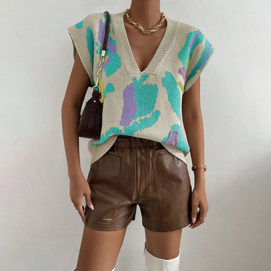 Pull col V sans manches SecretBombe, motif floral coloré tendance