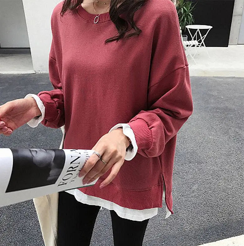 Sweat femme 2-en-1, coupe ample à manches longues, effet superposé intégré, style décontracté chic et confortable