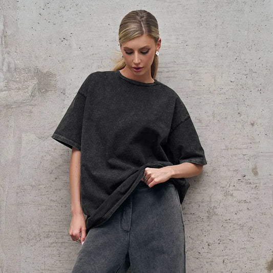 Tee-shirt streetwear noir à motif effet usé, coupe large et manches courtes