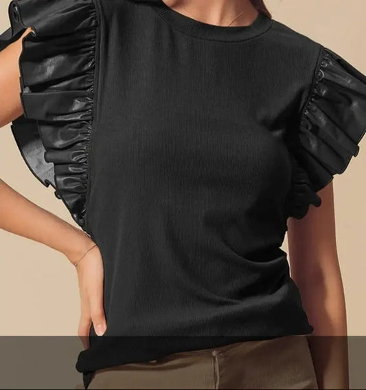 Top femme décontracté chic, coupe ample, col rond, noir, confortable et léger, parfait pour journées ensoleillées