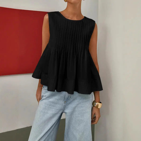 Top femme décontracté chic, coupe ample, col rond, noir, confortable et léger, parfait pour journées ensoleillées