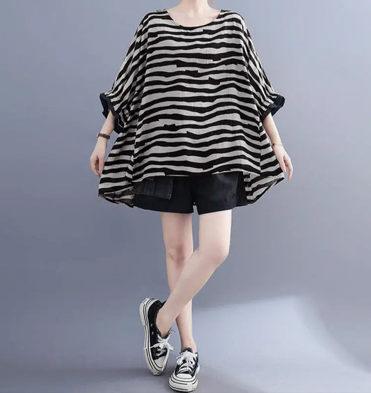 Haut femme rétro manches 3/4 en coton, coupe ample confortable