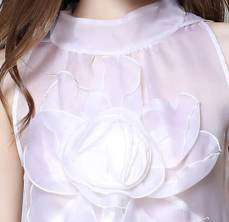 Tunique femme mode en organza blanc, col rond, zip au dos, volants 3D, coupe ajustée, mi-longue et légère