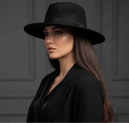 Fedora femme noir élégant en feutre de laine, détail nœud satin et fil argenté