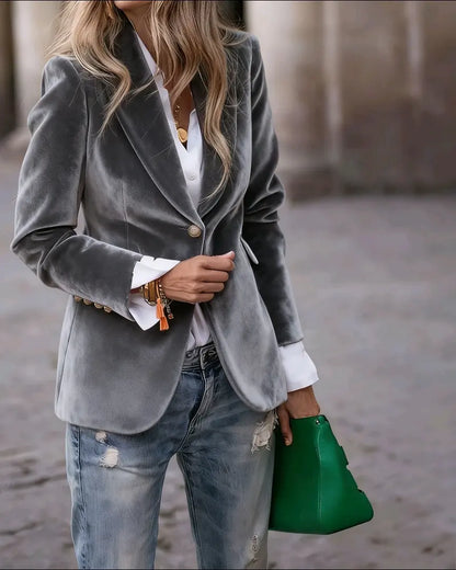 Manteau blazer femme gris aspect velours avec col tailleur SecretBombe