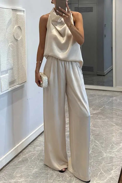 Ensemble satin rouge élégant femme pantalon ample et haut col drapé SecretBombe