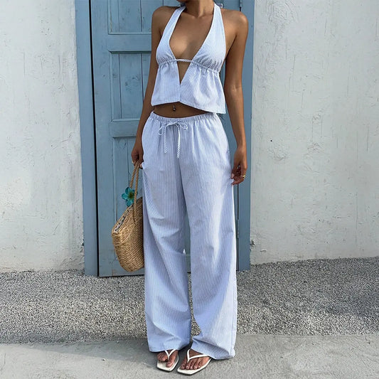 Ensemble femme bleu et blanc à rayures avec top dos nu et pantalon large – SecretBombe.
