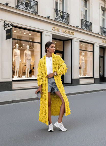 Gilet long jaune à franges pour femme, cardigan doux en tricot polyester