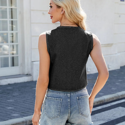 Top denim femme coupe courte avec lien ajustable pour un style chic