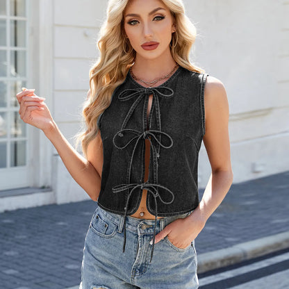 Top femme à nœud en denim, design tendance et confortable