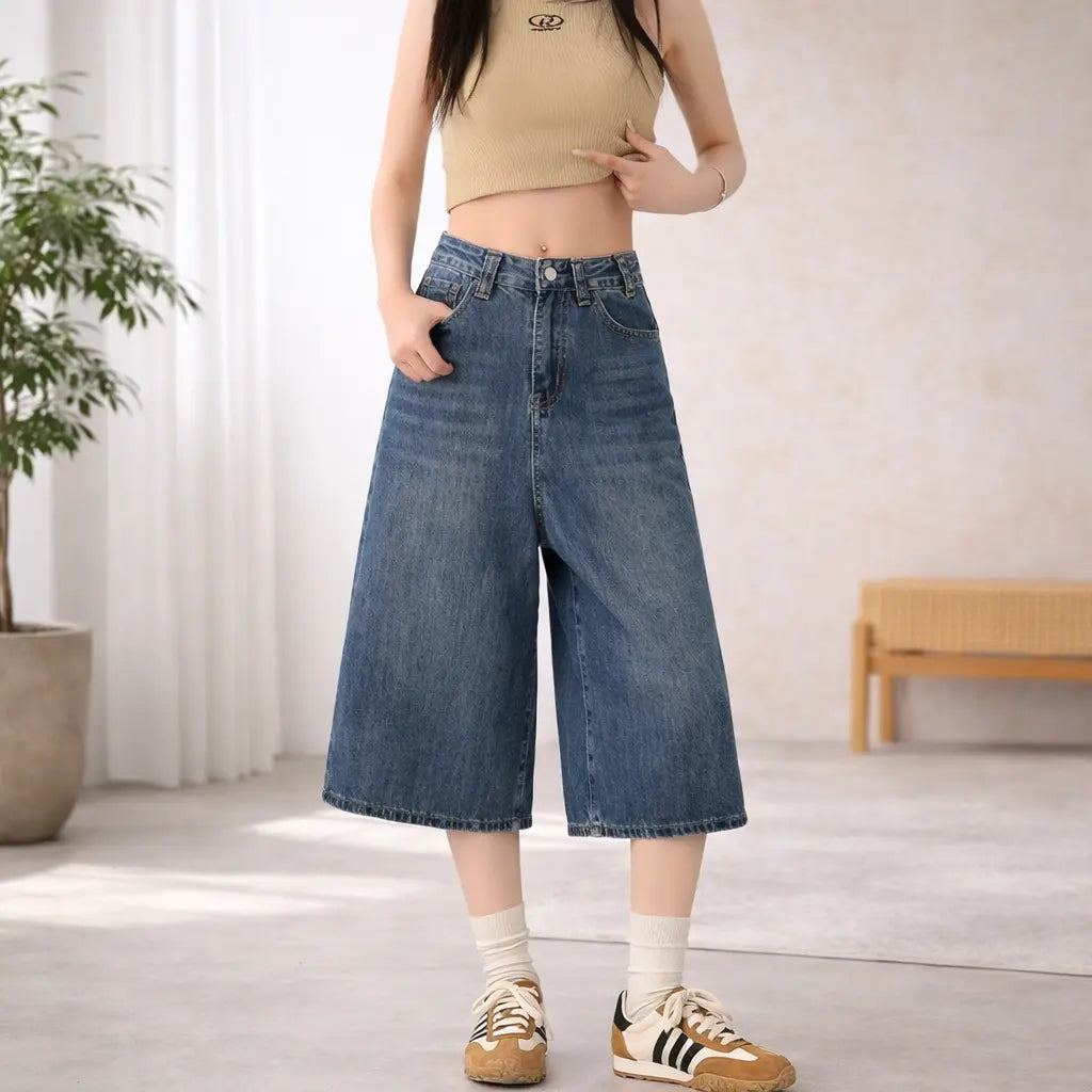 Bermuda Long Femme Jean Denim Taille Haute Coupe Large Évasée Bleu S à 4XL | SecretBombe
