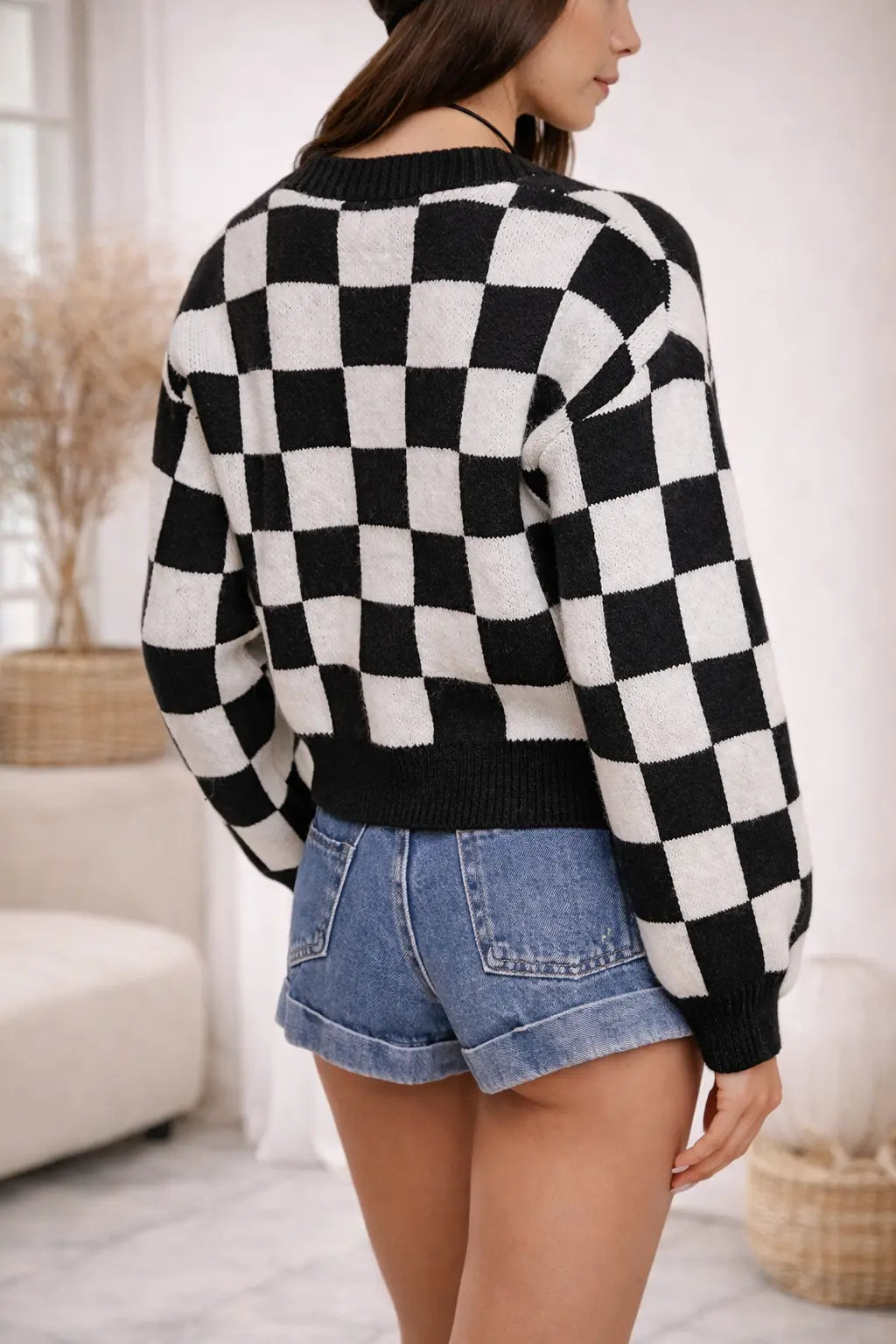 Cardigan femme à carreaux vue dos coupe confortable – secretbombe