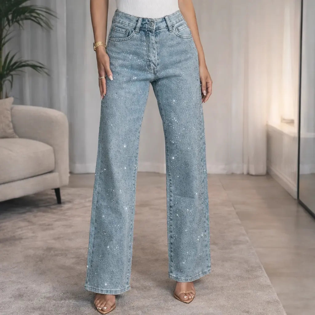 Détails strass hot drilling sur jean femme denim bleu taille haute SecretBombe