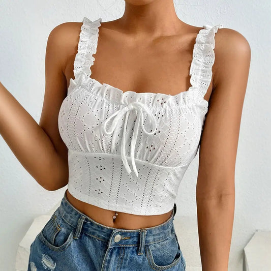 Haut crop top femme blanc, coupe slim fit, style corset avec broderie anglaise SecretBombe