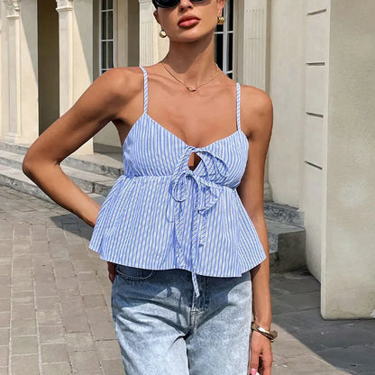 Top femme à bretelles fines rayures bleu et blanc noué devant – SecretBombe style européen chic