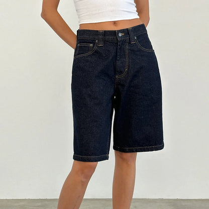 Bermuda mi-long en coton 100% pour femme, look casual urbain, couleur indigo