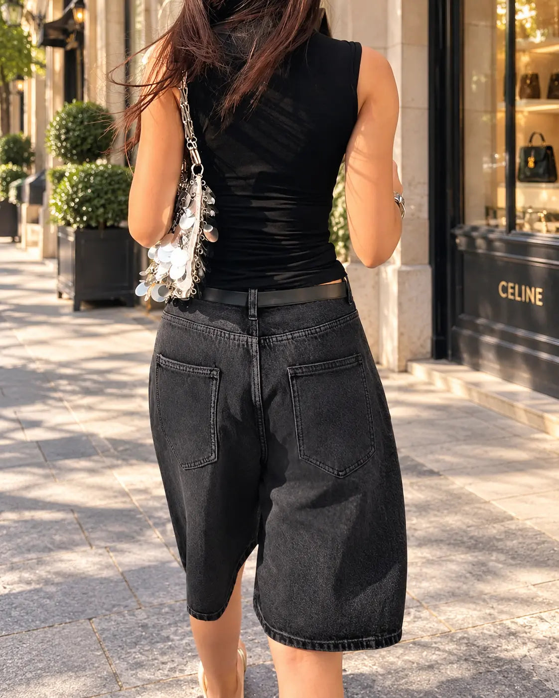Bermuda denim femme noir délavé à coupe ample SecretBombe