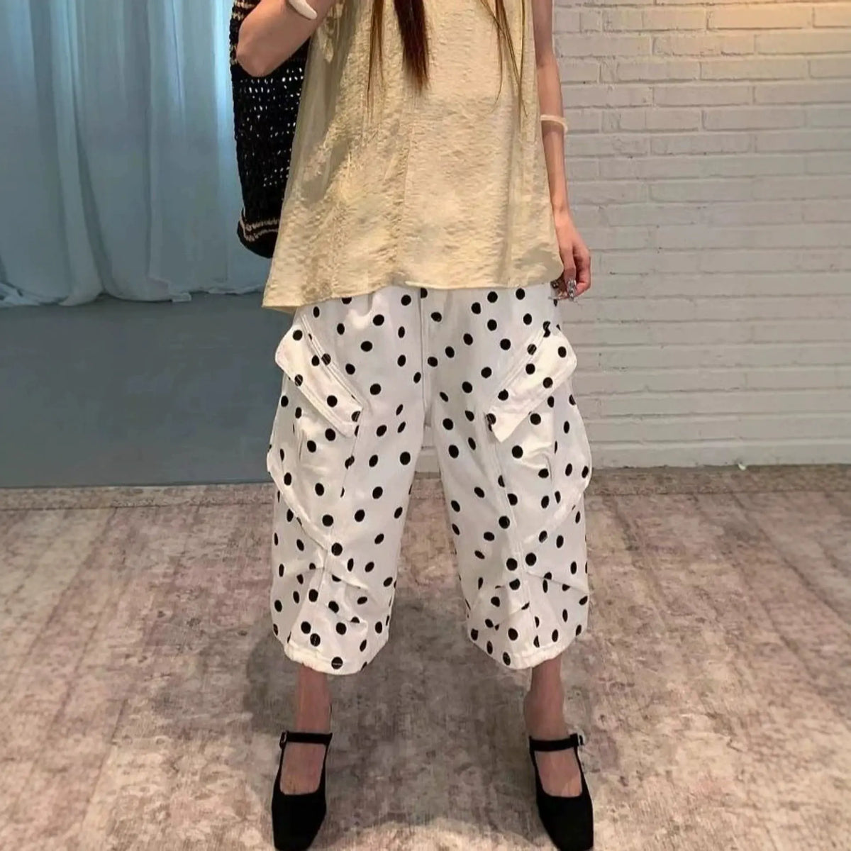 Bermuda femme blanc à pois noirs et coupe large SecretBombe
