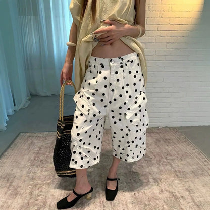 Bermuda long femme blanc à pois noirs coupe ample S–XL | SecretBombe