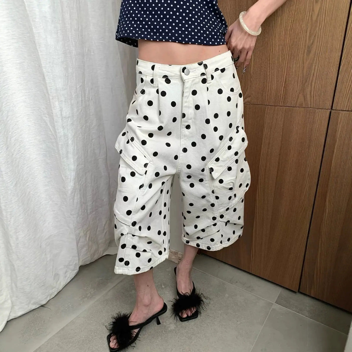 Bermuda long femme blanc à pois noirs SecretBombe