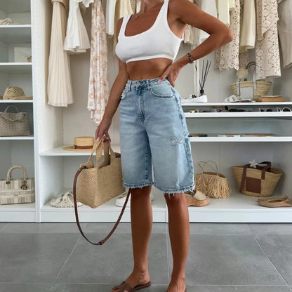 Bermuda long en jean femme à taille haute SecretBombe