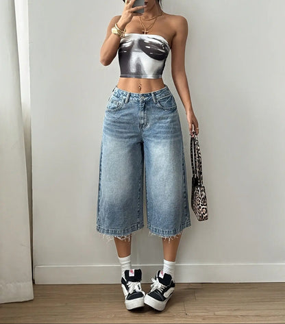 Bermuda long en jean femme bleu délavé SecretBombe