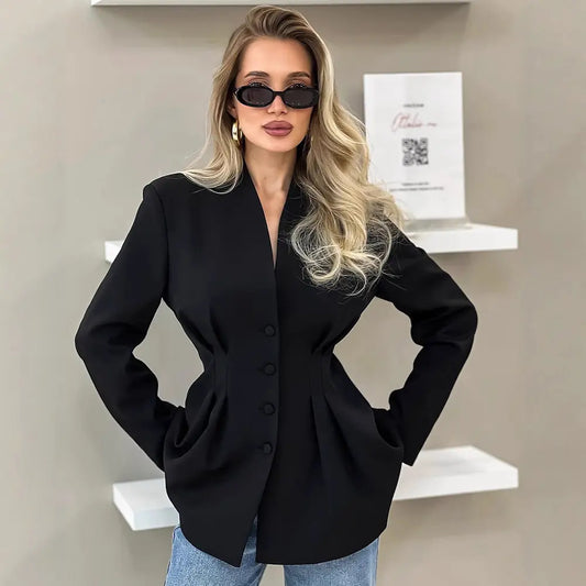 Blouse blazer femme col V noir manches longues coupe ajustée — SecretBombe