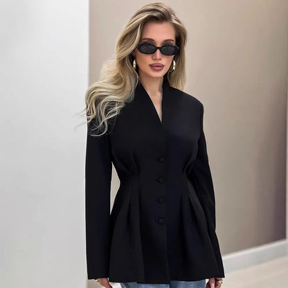 Blouse blazer femme noir vue de face coupe ajustée ventre plat — SecretBombe