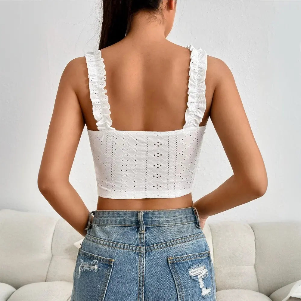 Blouse crop top femme blanc, effet corset, broderie anglaise et détails volantés