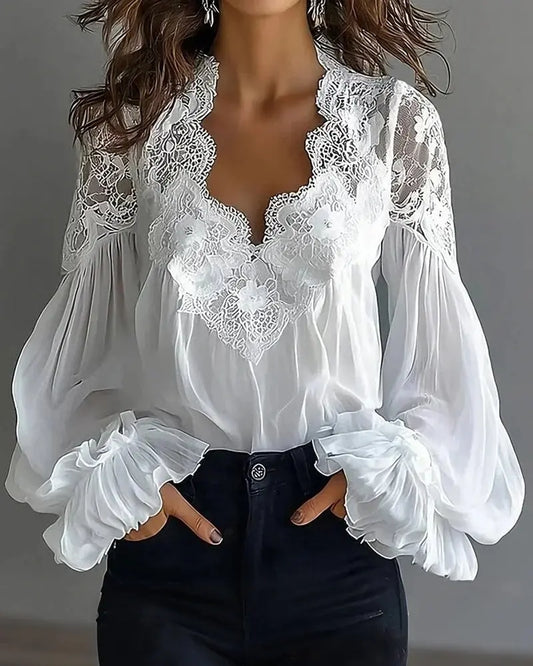 Blouse femme en dentelle blanche manches bouffantes élégante – SecretBombe
