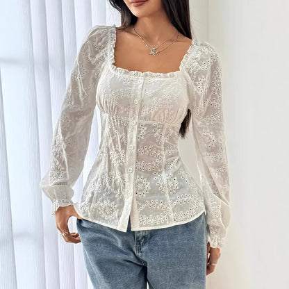 Haut femme blanc broderie florale ajourée élégant – SecretBombe