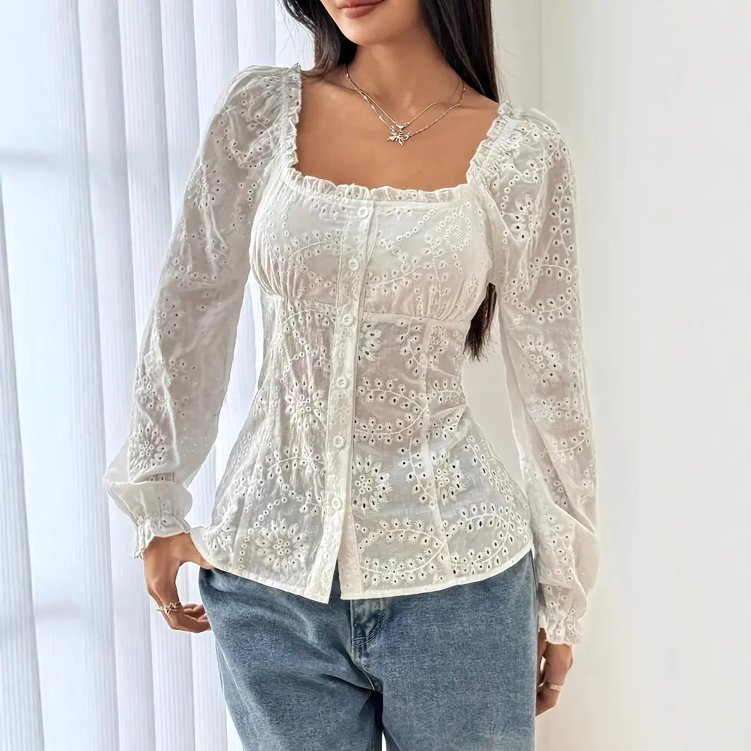 Haut femme blanc broderie florale ajourée élégant – SecretBombe