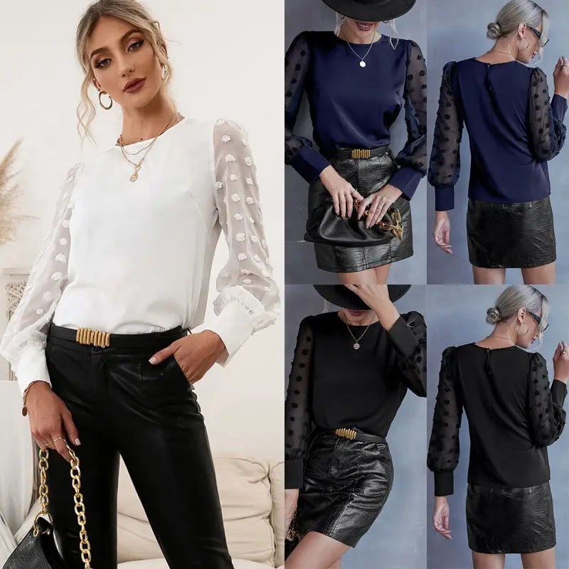 Blouse femme élégante manches longues transparentes plumetis – SecretBombe