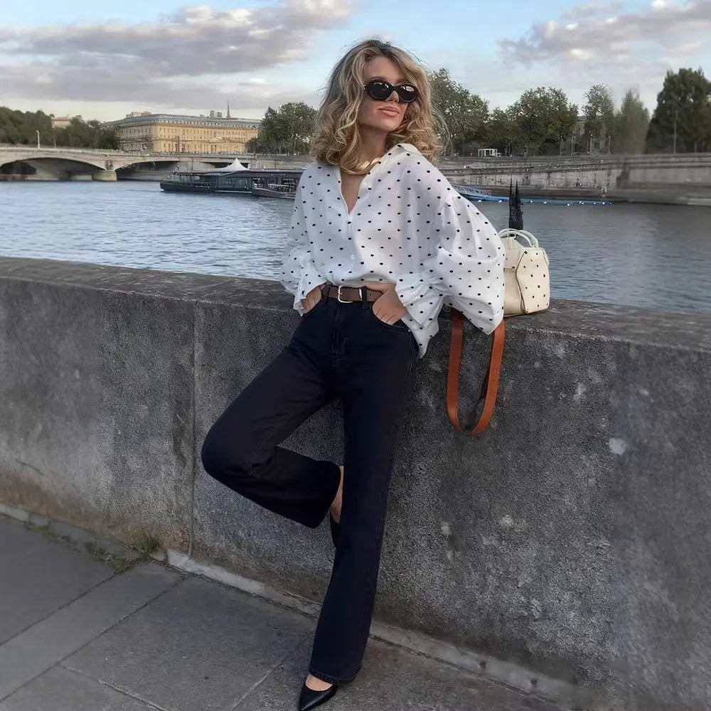 Blouse satinée femme blanche à pois au tombé lumineux – SecretBombe