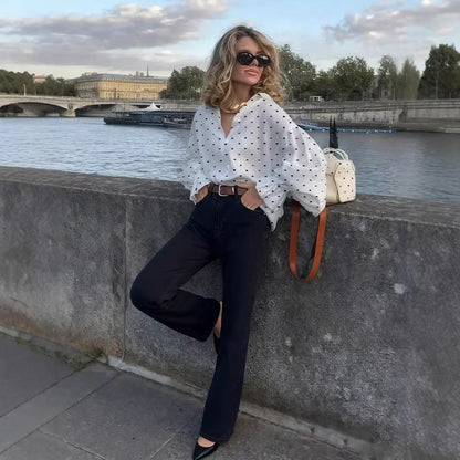 Blouse satinée femme blanche à pois au tombé lumineux – SecretBombe