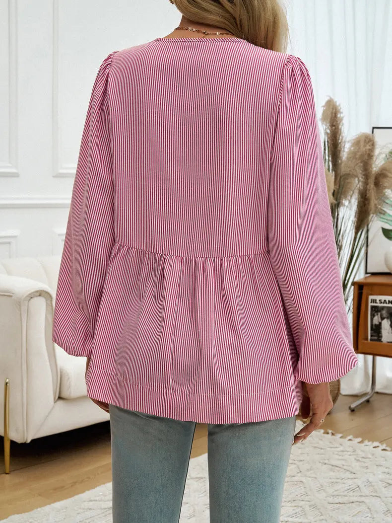 Blouse péplum femme manches bouffantes rayures, confortable et élégante