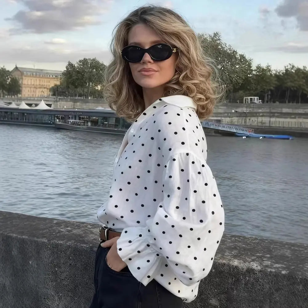 Blouse femme à pois manches longues style chemise – SecretBombe