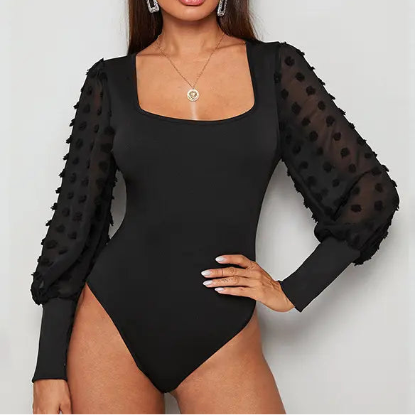 Body femme noir chic décolleté carré manches plumetis – SecretBombe
