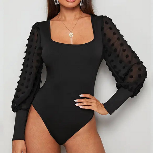 Body femme noir chic décolleté carré manches plumetis – SecretBombe
